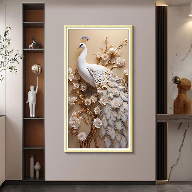 代简约客厅餐厅走廊玄关过道沙发背景墙创意挂画白孔雀80120义乌