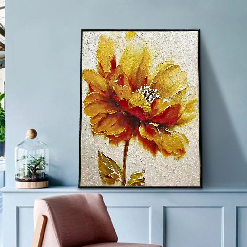 油画砂岩添笔油画走廊过道客厅现代简约黄色大花金色花朵6080义乌