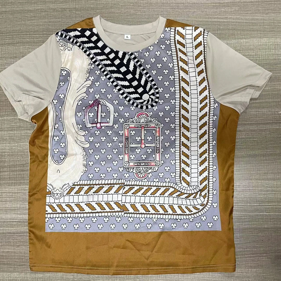 【金玉优选】1288夏季印花缎面圆领百搭时尚设计女士T恤拼接短袖