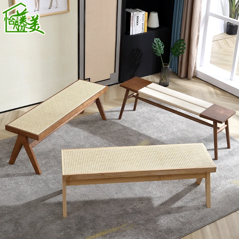 简约家用实木藤编织换鞋藤凳餐凳长凳时尚创意小凳子北欧长条板凳