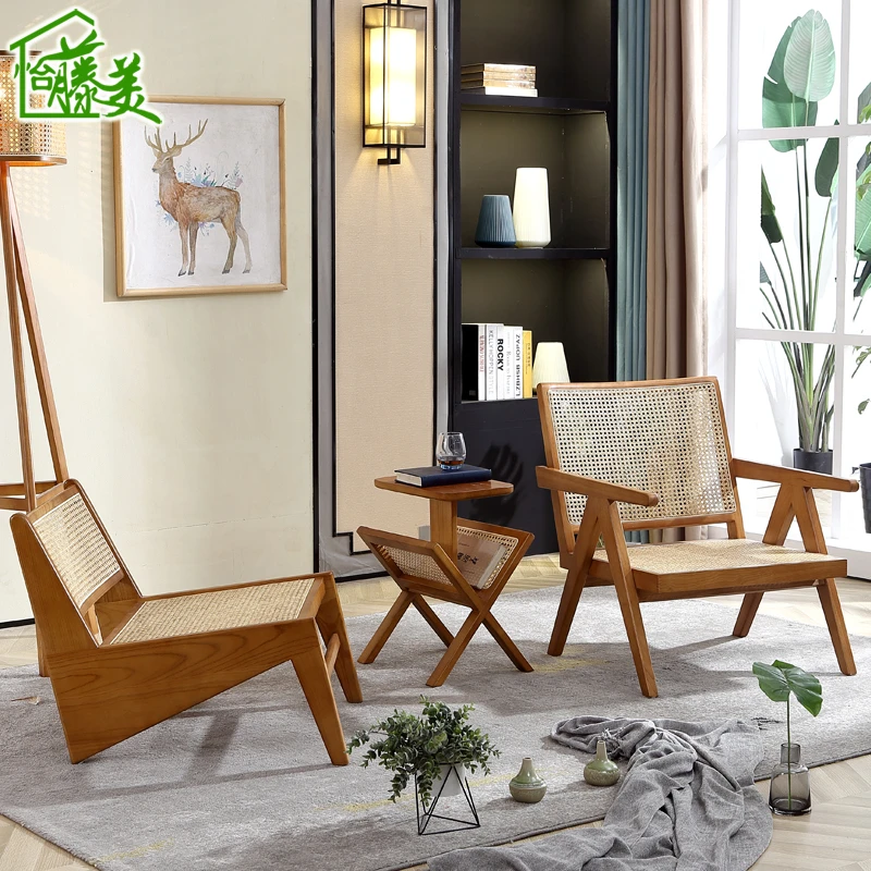 实木休闲编织靠背桌椅组合咖啡厅甜品奶茶店书吧沙发椅子北欧藤椅