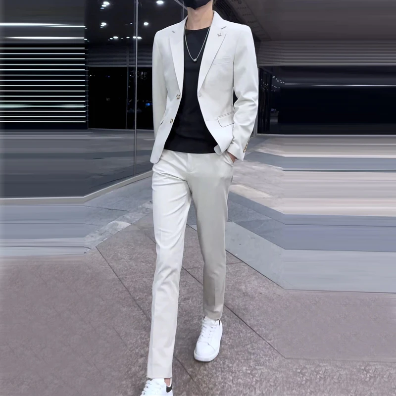 春夏休闲西装男套装痞帅西服免烫商务青年男士修身潮流西服纯色男