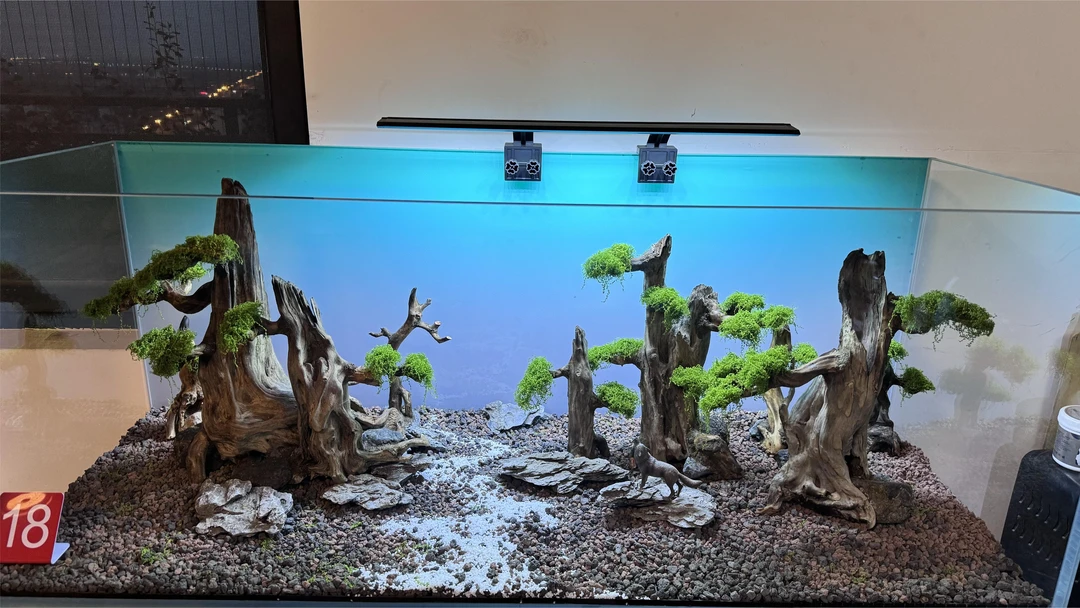 一图一景鱼缸森林古树莫丝树石头与木头组合家居装饰鱼缸风景造景