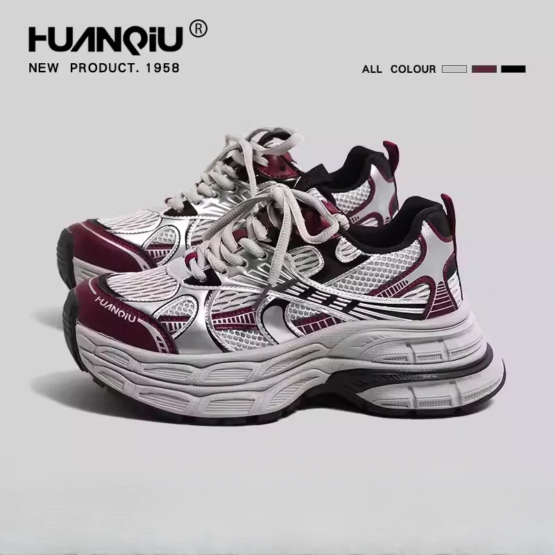 环球爆款酒红老爹鞋女2025夏季新款超好看鞋子休闲银色春秋运动鞋