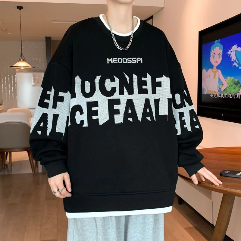 青少年春秋季新款潮流美式宽松长袖卫衣假两件秋款圆领打底衫上衣