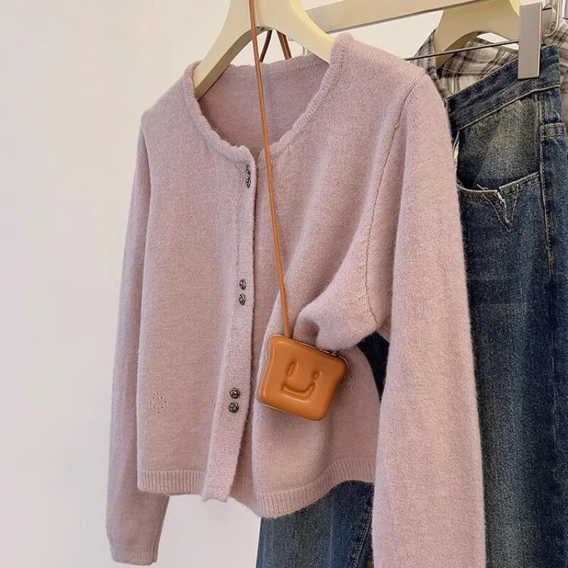 温柔风紫色毛衣外套秋冬设计感小香风加厚短款长袖针织开衫