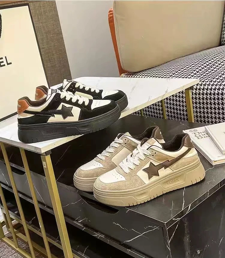 306复古星星板鞋女2024秋季新款韩版百搭增高软底系带休闲鞋