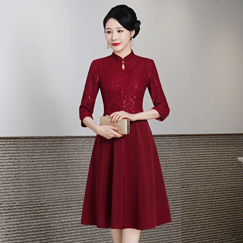 809春季新款2024改良复古旗袍连衣蕾丝旗袍时尚中长裙敬酒礼服