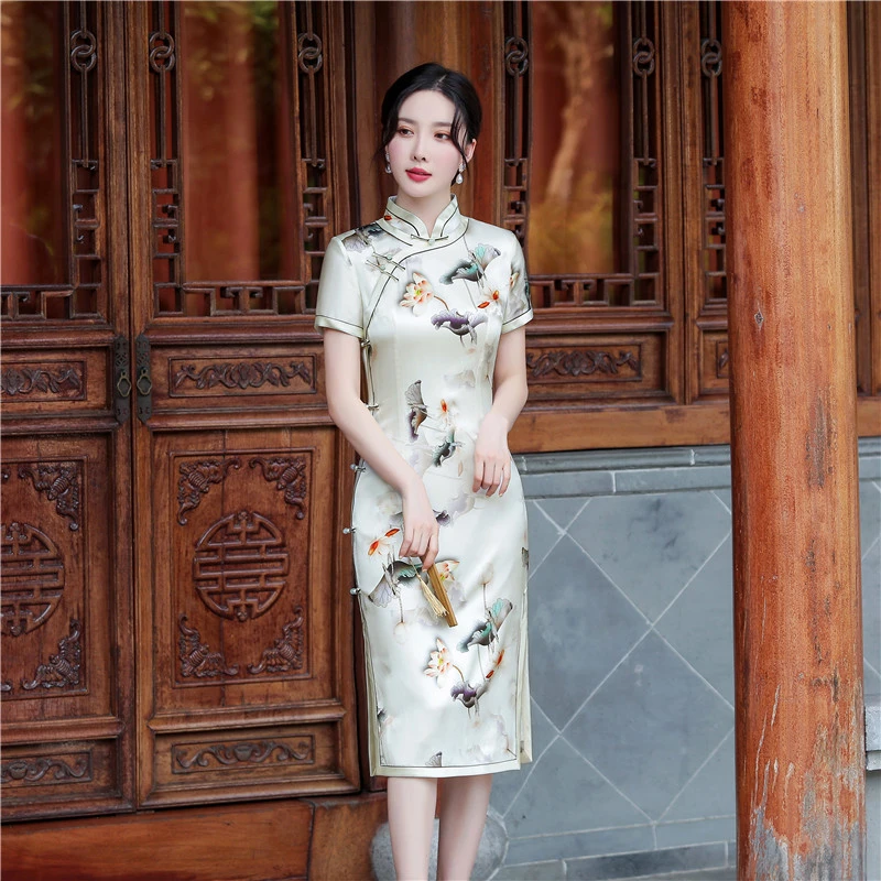 C01-真丝旗袍2025新款夏季日常中式斜襟复古桑蚕丝连衣裙优雅显瘦