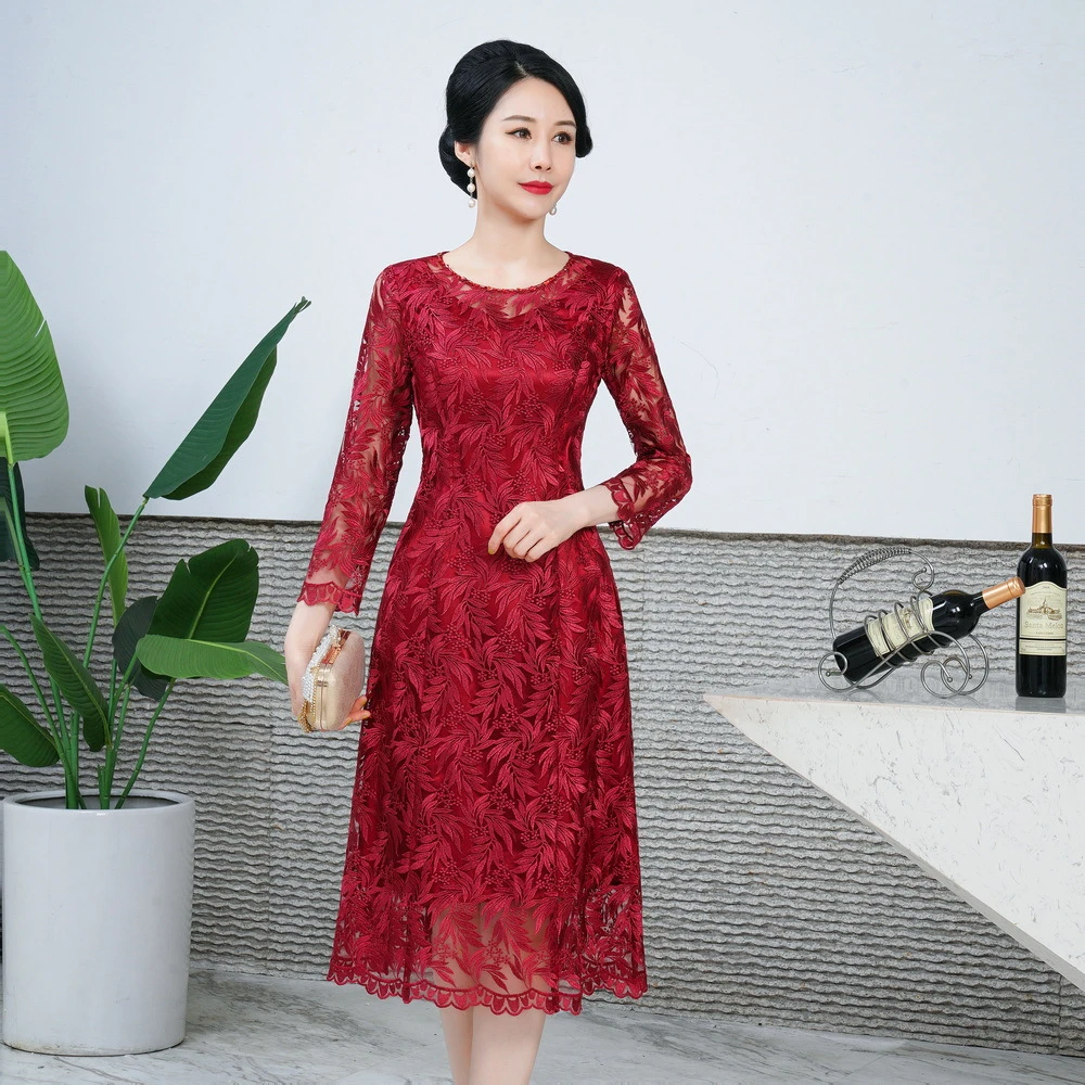 F14-2024秋季新款改良旗袍连衣裙蕾丝旗袍喜妈妈喜婆婆礼服婚宴款