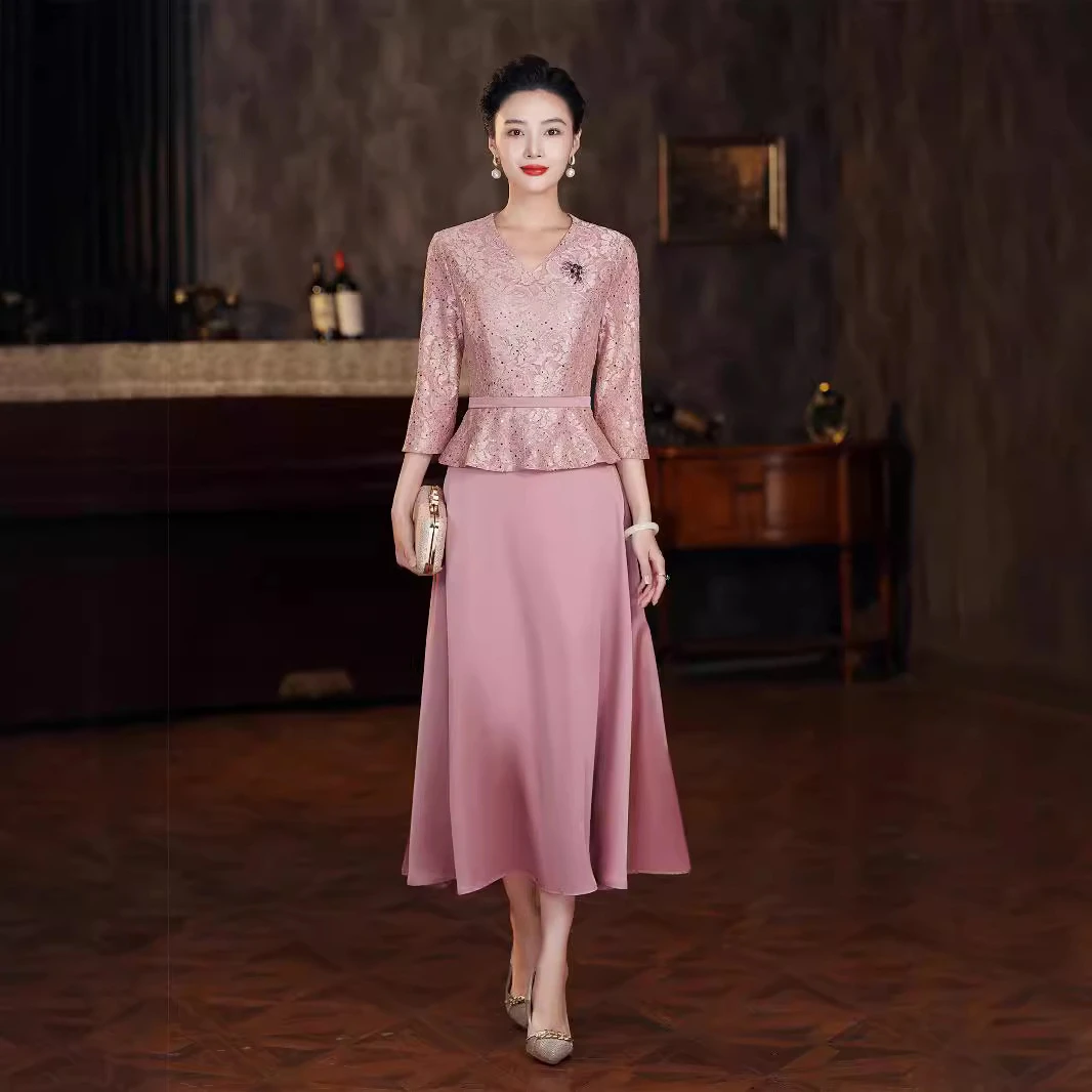 K84新款2025高端妈妈婚宴礼服喜婆婆春秋长款结婚连衣裙日常可穿