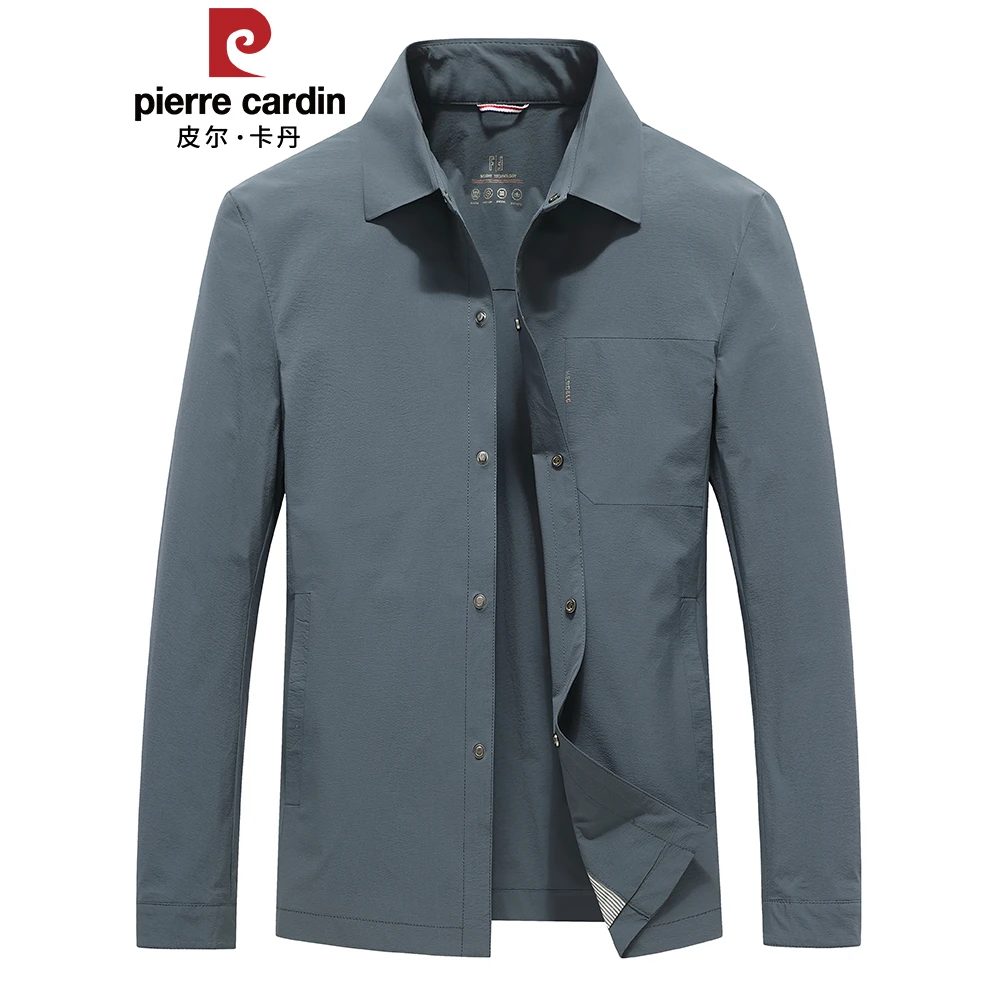 皮尔卡丹翻领夹克衬衫式短款外套男春夏季薄款休闲中青年行政上衣