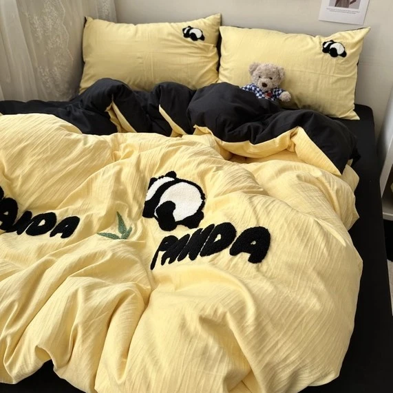 【热销中】ins纯色黄配黑色可爱熊猫毛巾绣非全棉床上四件套床单学
