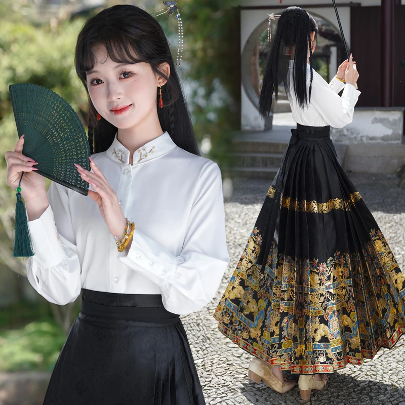 明制汉服女装古风仙气新中式国风刺绣立领衬衫上衣古装织金马面裙