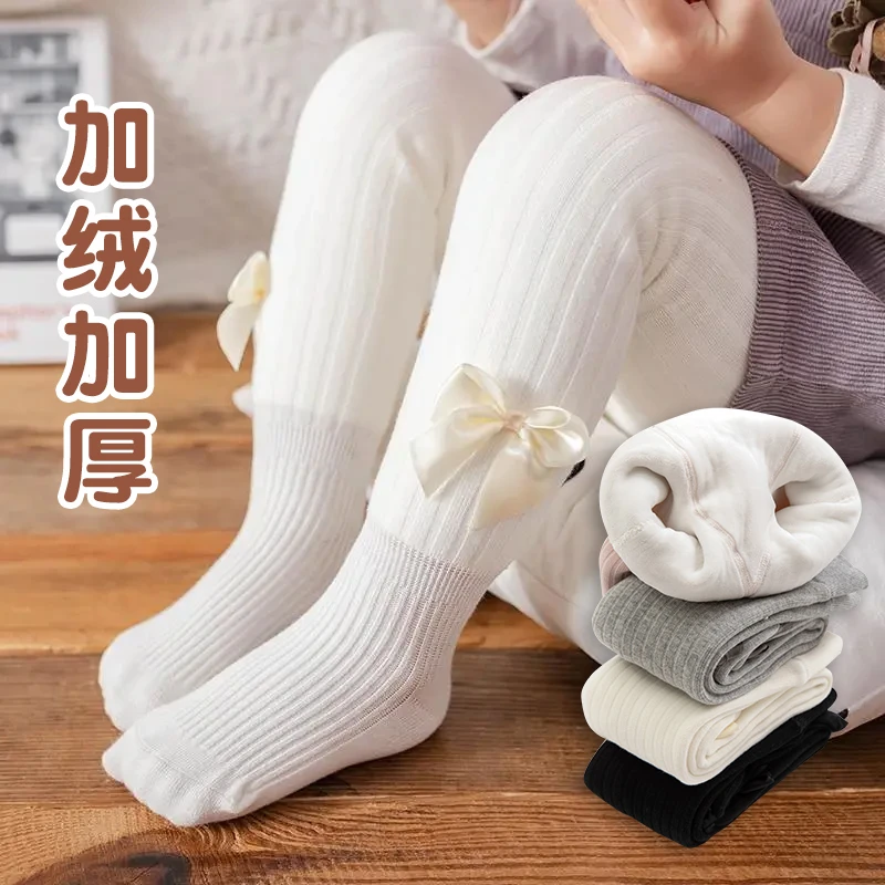 儿童秋冬棉女童加绒打底裤宝宝大蝴蝶结连体袜裤加厚保暖外穿裤子