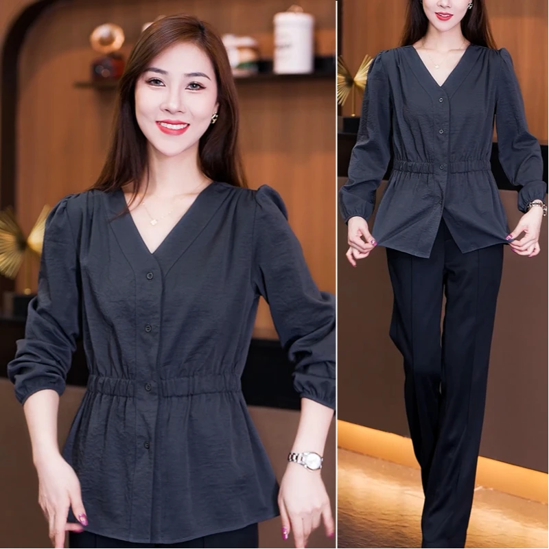 秋季新款大码女装V领设计感长袖衬衫胖mm收腰显瘦遮肚子减龄上衣