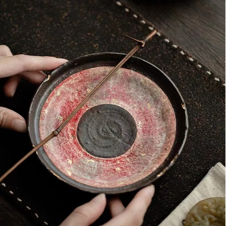 云吉-红金岩矿-尽染壶承 复古老岩泥中式茶盘圆形壶托茶道泡台