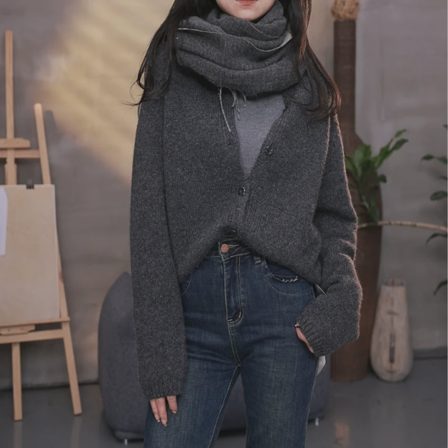 慵懒感圆领纯色开衫毛衣外套女宽松叠穿上衣秋冬新款 84D6620