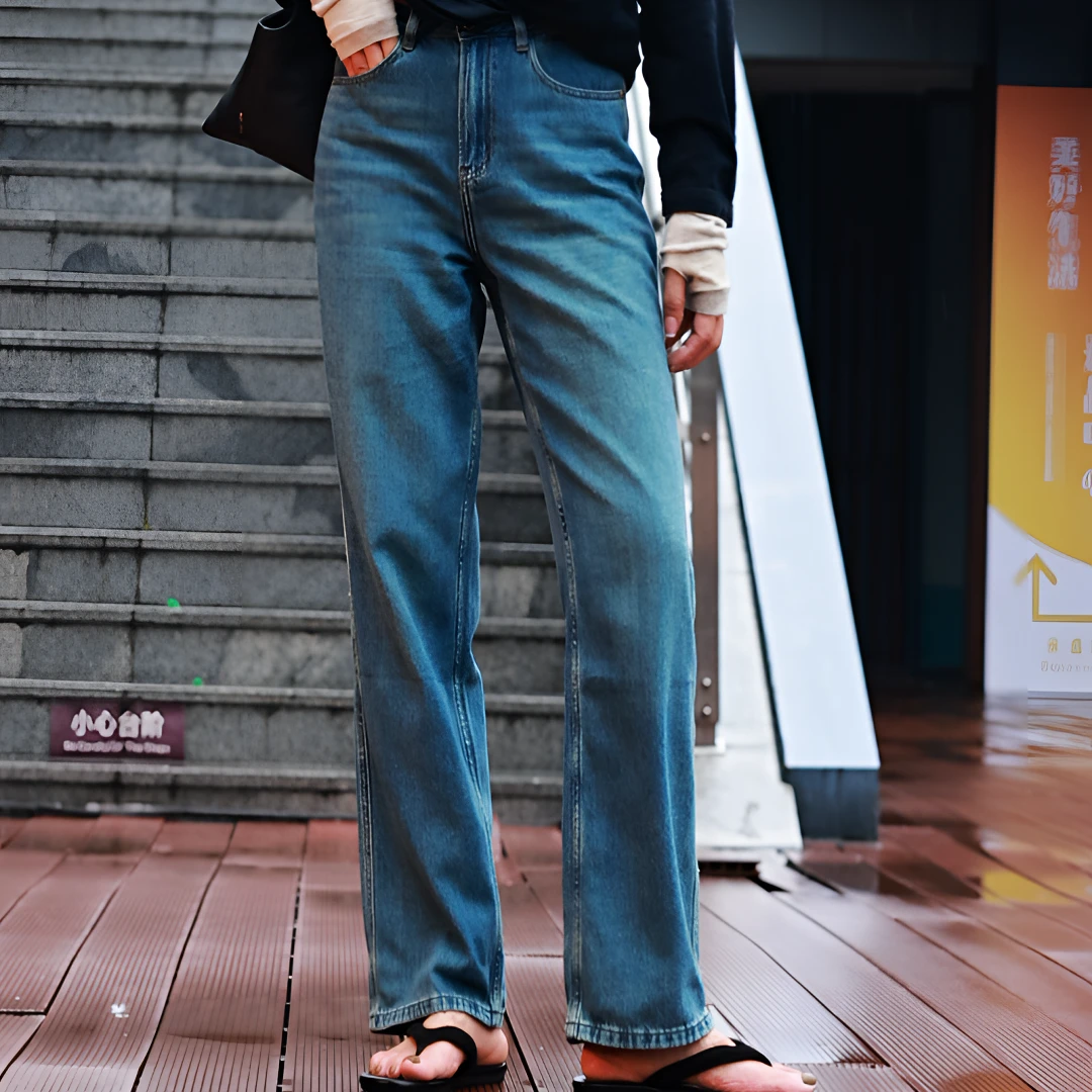 84B230203 东倪原创弹性阔腿女高腰显瘦直筒烟管加长牛仔裤