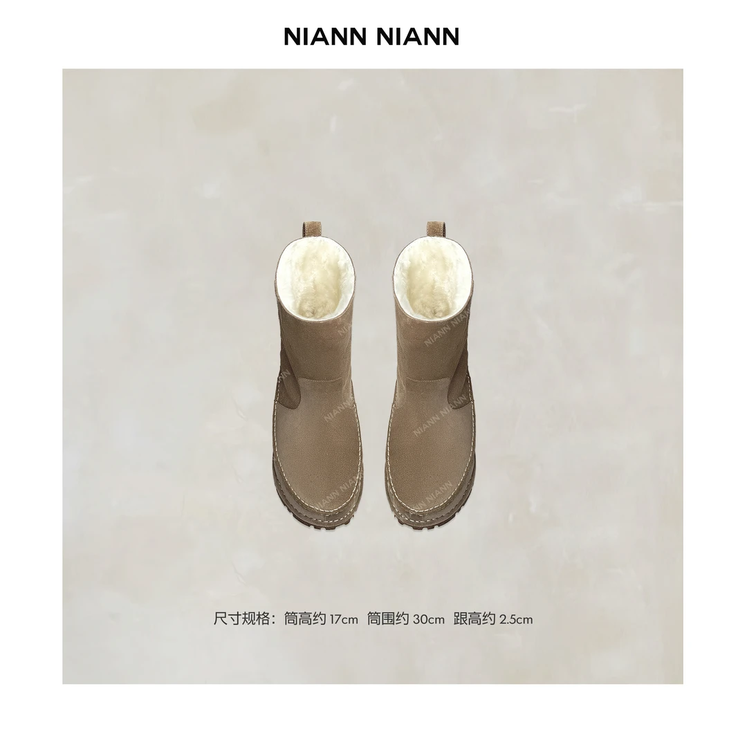 NiannNiann 冬季新品鞋履外牛皮内羊毛一脚蹬保暖雪地靴14984