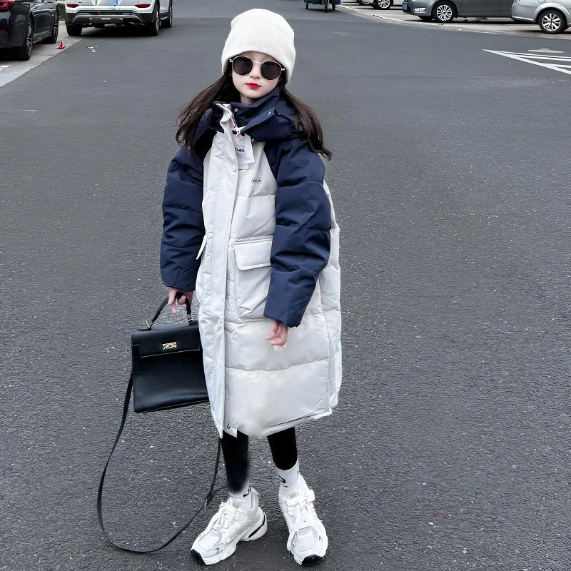 女童冬季时尚羽绒服长款加厚棉服2024冬装新款女童冬装外套中大童