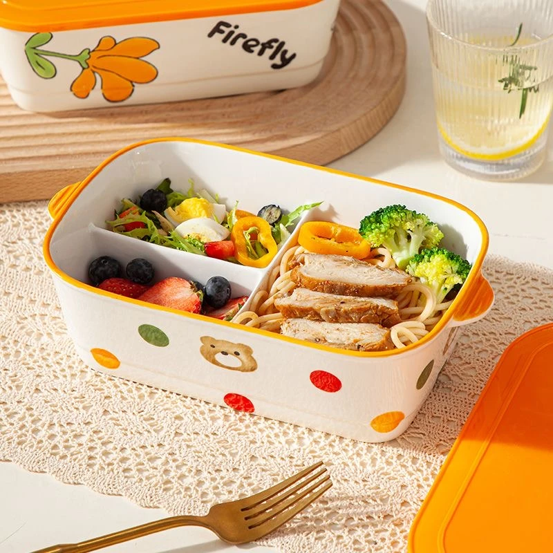 2025新款陶瓷饭盒分格上班族微波炉加热专用女高颜值三格便当餐盒