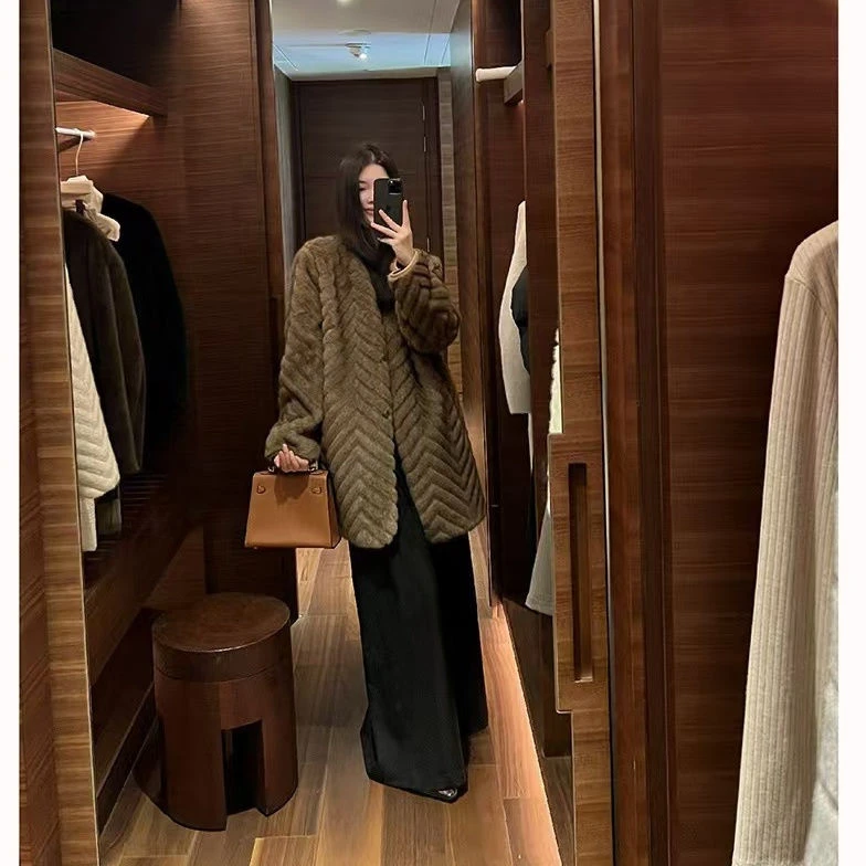 仿天鹅绒貂皮大衣宽松中长款环保水貂绒柔软毛毛外套2024冬季新款