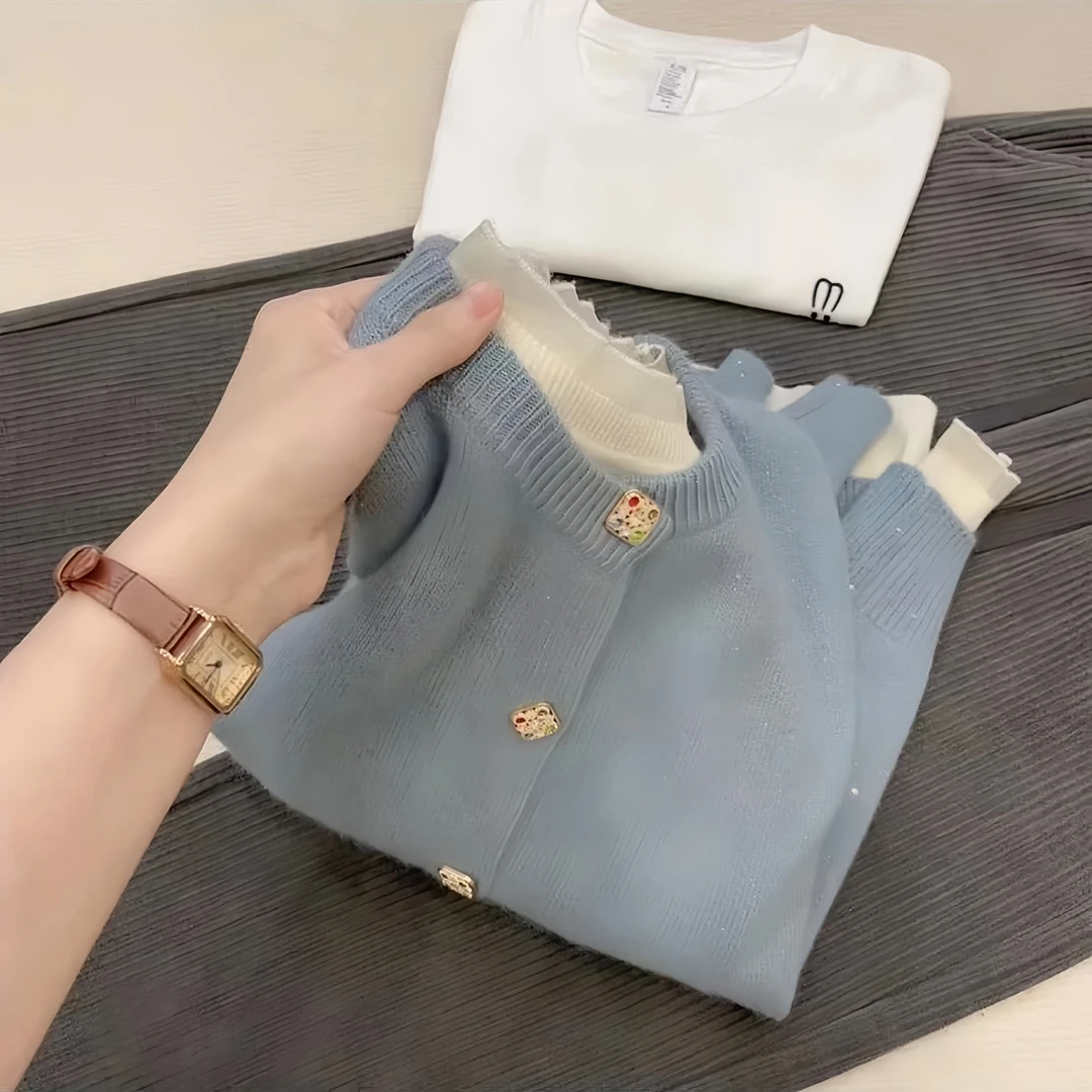 圆领彩色亮片宝石扣星空蓝开衫毛衣温柔气质软糯长袖针织上衣春秋