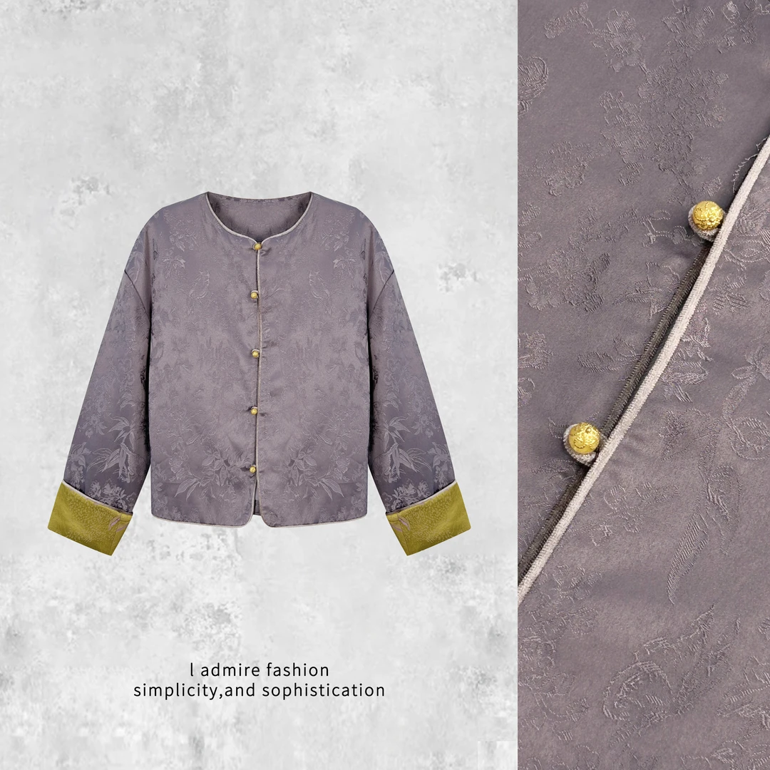 温温【墨兰】人丝提花紫色国风新中式秋季新款外套圆领气质 21131