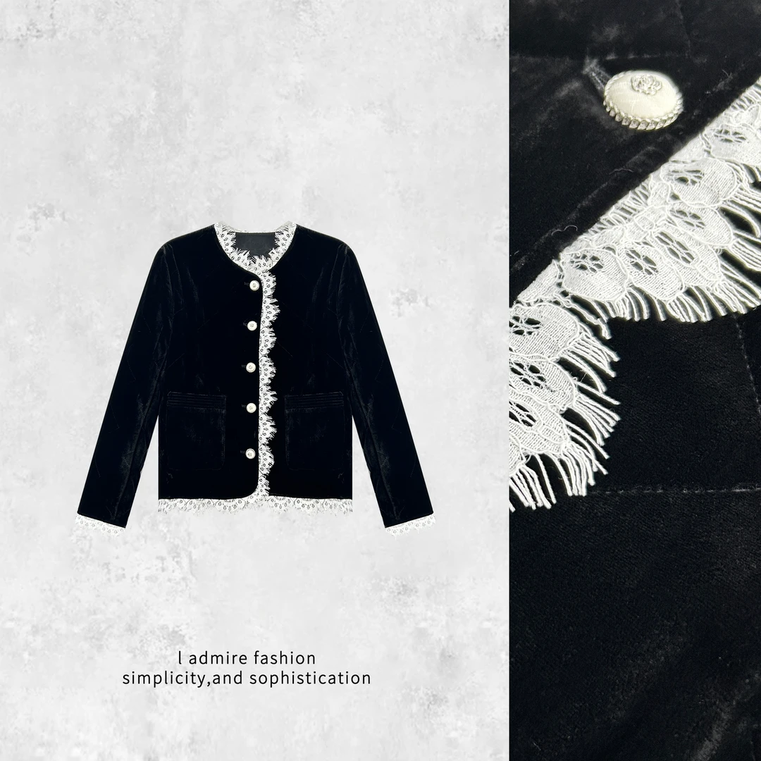 温温【凌云志】真丝丝绒棉服冬季女复古中式夹棉黑色外套上衣404307