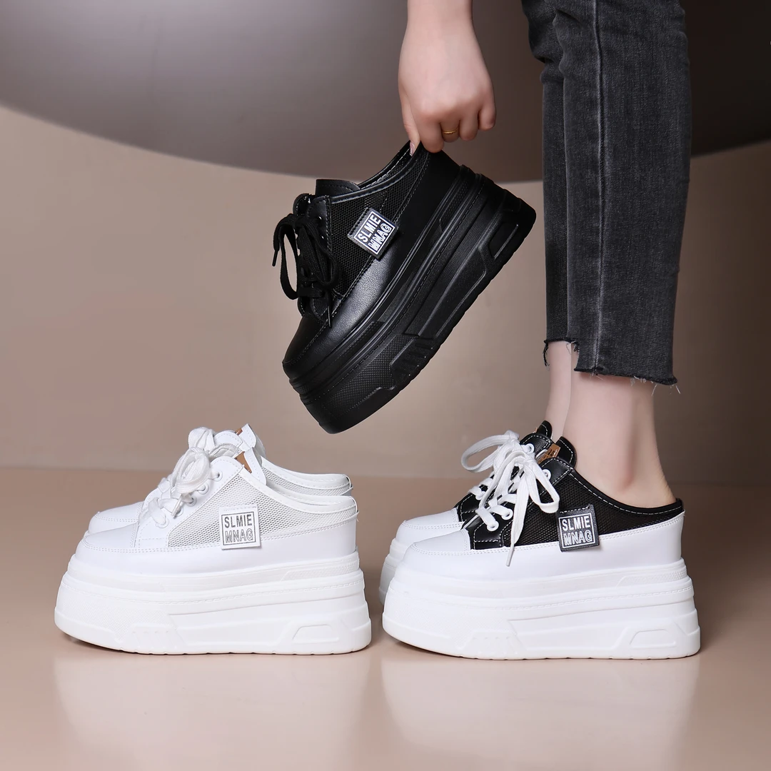 超高跟12公分网面半拖鞋女夏季新款厚底轻便百搭10cm小个子休闲鞋