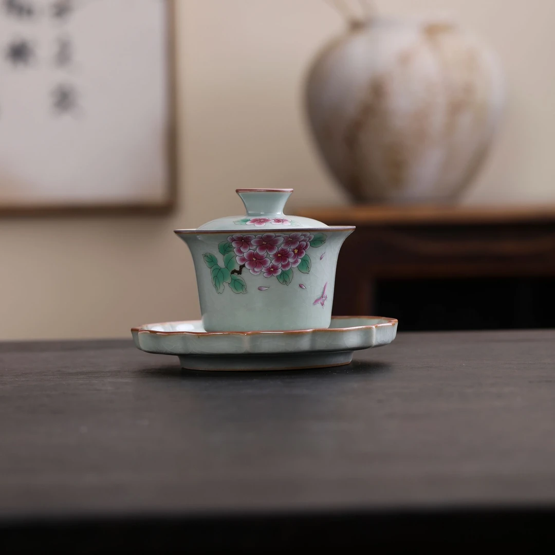 卓福芳华汝窑马蹄盖碗家用茶具复古中式带盖陶瓷茶盖碗