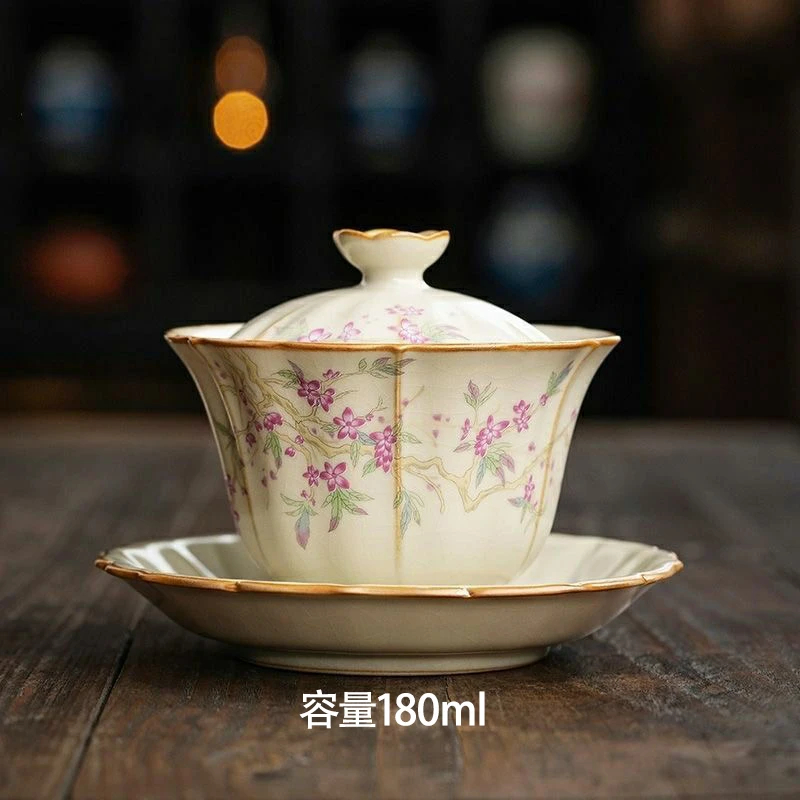 米黄汝窑紫藤花盖碗家用泡茶碗陶瓷不烫手盖碗泡茶功夫茶复古手工