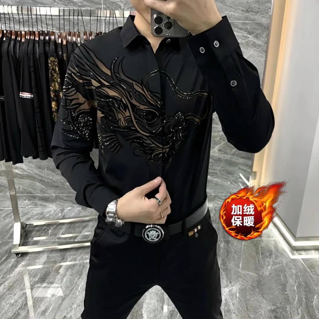 2086秋冬新款欧货男士修身翻领植绒烫钻长袖衬衫商务休闲男装上衣