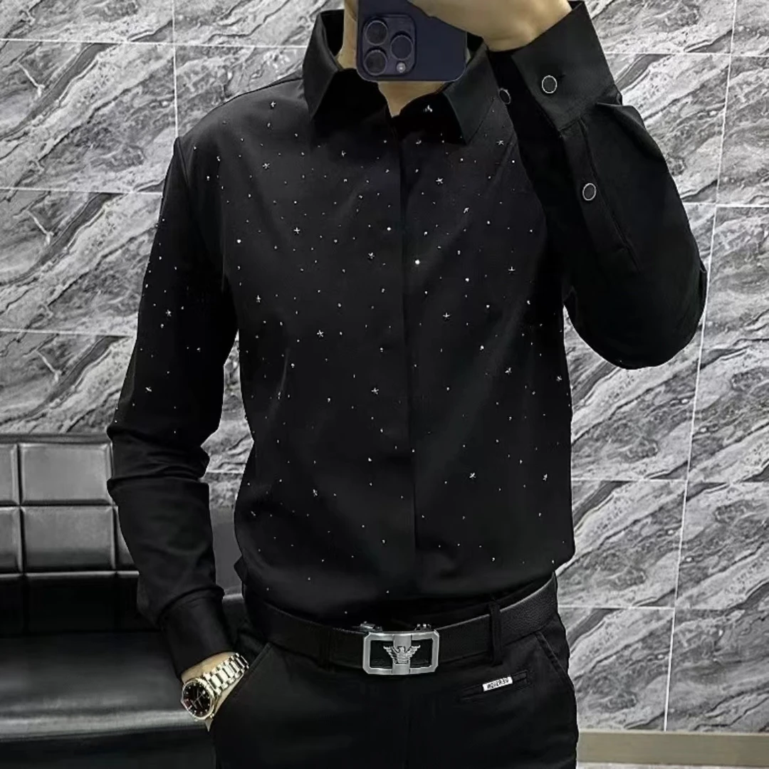 22757轻奢欧货新款满天星烫钻男士衬衣时尚商务休闲无痕长袖衬衫