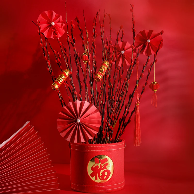 红色银柳真花鲜枝年宵花福桶盆栽插花干花水培植物新年花卉好养活