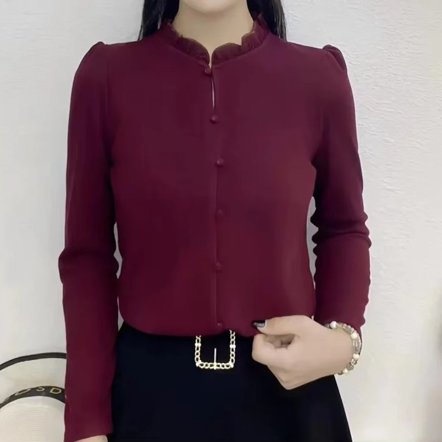 2024秋季新款衬衫优雅气质花边领纯色上衣时尚百搭显瘦衬衣