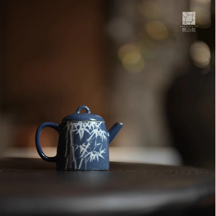 赋山叙官方 |洒蓝雕刻庭竹小文壶景德镇手工色釉泡茶壶陶瓷茶具