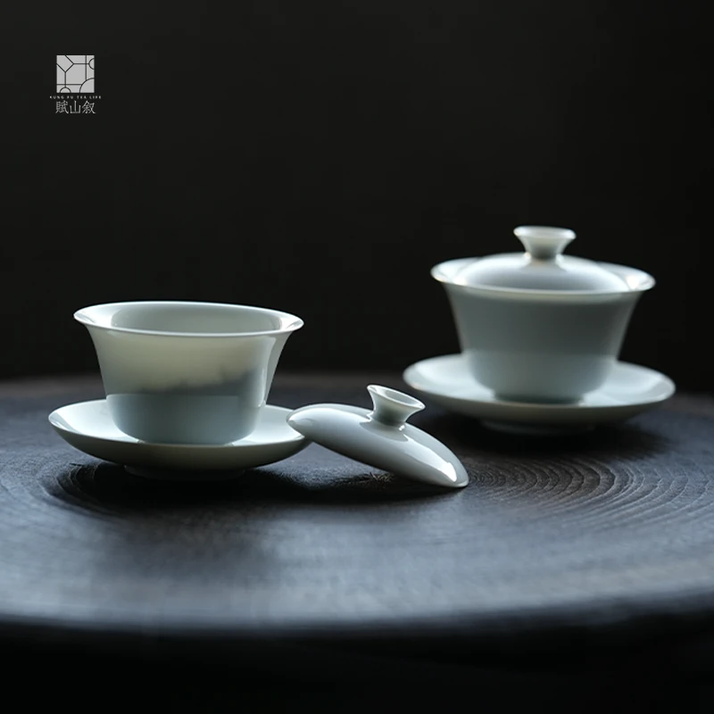 赋山叙丨天地执三才马蹄盖碗青白瓷薄胎岩茶盖碗悬停不烫手大号
