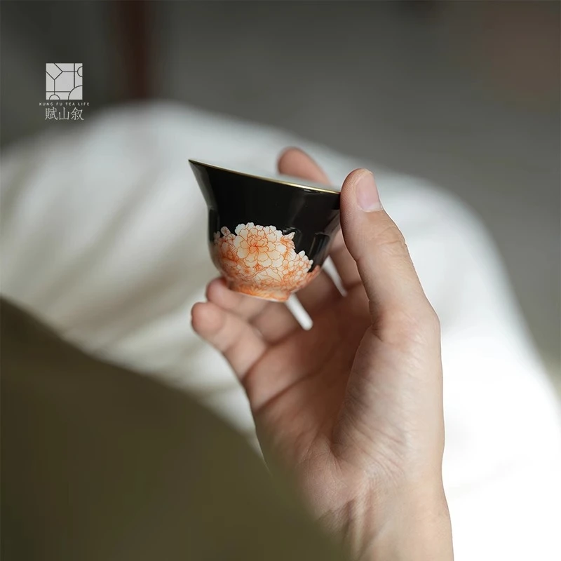 赋山叙官方丨黛墨万花主人杯单杯景德镇手绘矾红折腰功夫品茗杯
