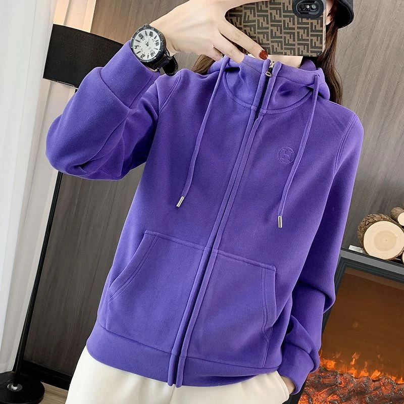 2719加厚保暖金丝绒卫衣女士秋冬新款户外运动宽松开衫绒衣外套