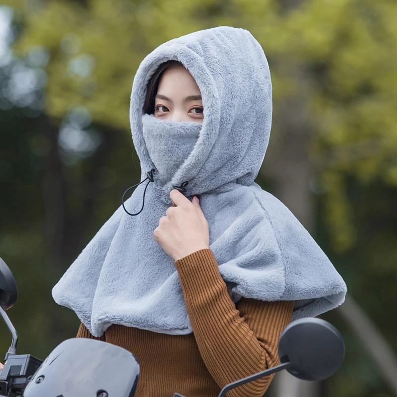 冬天骑电动车戴的帽子女骑车挡风加绒加厚披肩一体遮脸帽