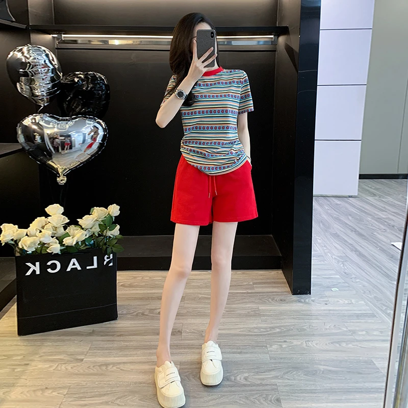 减龄洋气条纹短袖运动套装女夏2024休闲短裤两件套宽松时尚跑步服