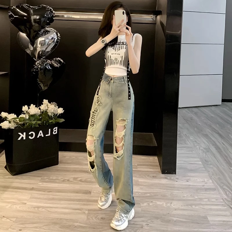 潮牌2025新款时尚修身背心两件套高腰破洞牛仔裤美式复古休闲套装