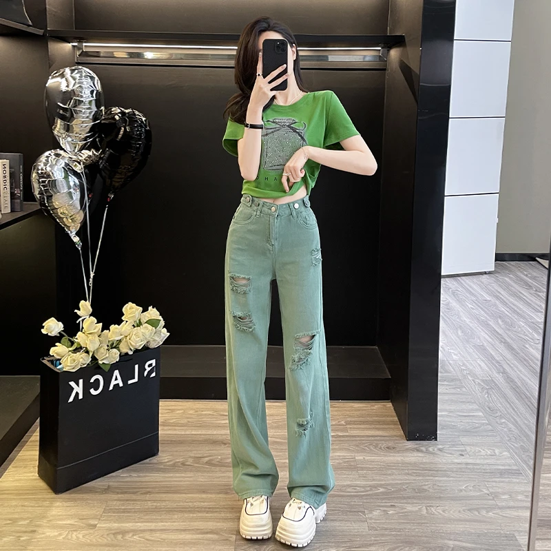 盐系炸街时尚套装女夏季洋气显瘦烫钻短袖潮牌破洞牛仔裤两件套装