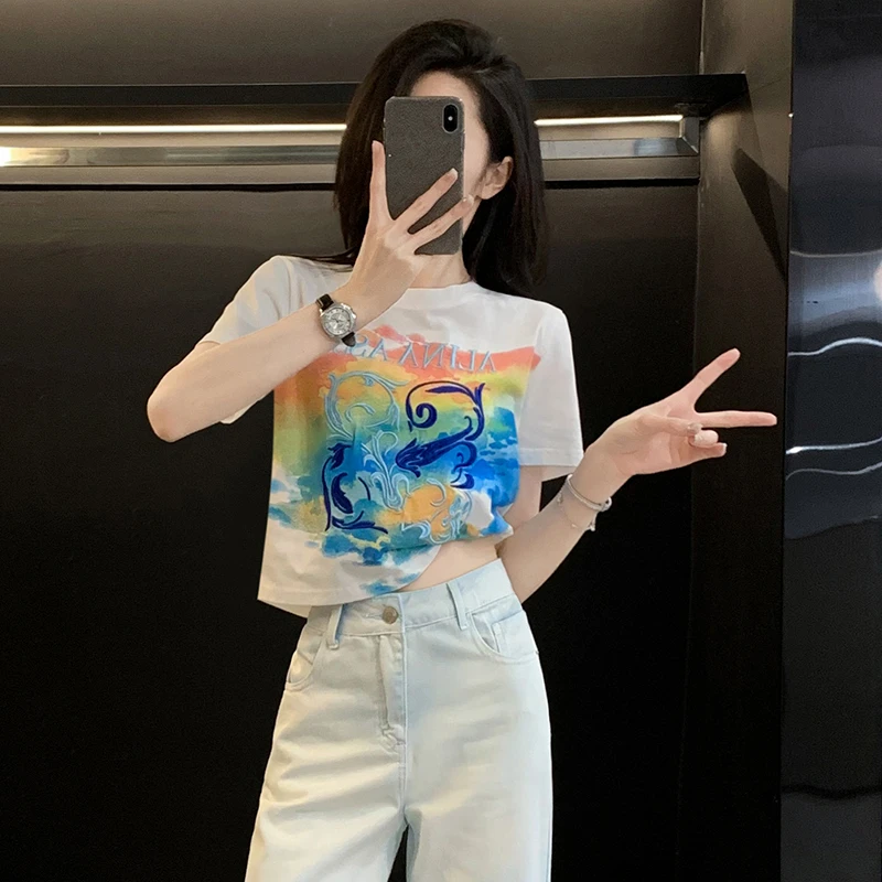 白色彩绘印花正肩短袖t恤女夏款独特别致设计感小众正肩显瘦上衣