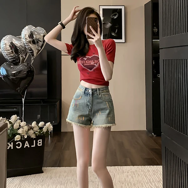 小个子夏季一整套休闲运动套装女辣妹短款上衣涂鸦牛仔短裤两件套