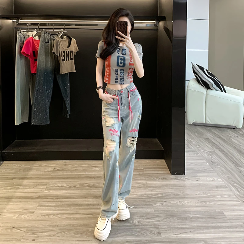 潮牌时尚休闲运动套装女夏网红炸街短款t恤高腰破洞牛仔裤两件套