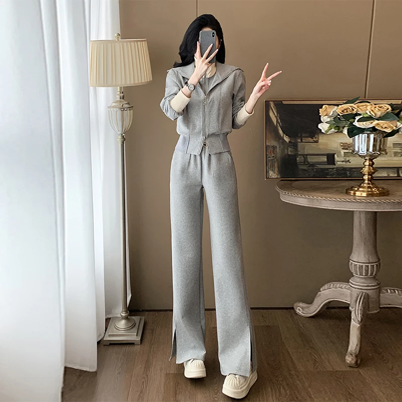 高级感灰色运动套装女秋休闲百搭洋气减龄假两件外套阔腿裤两件套