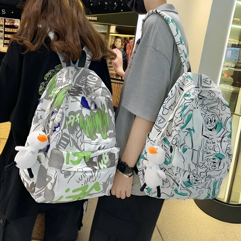 印花双肩包女2024新款夏韩版潮流休闲背包男高中大学生书包女百搭